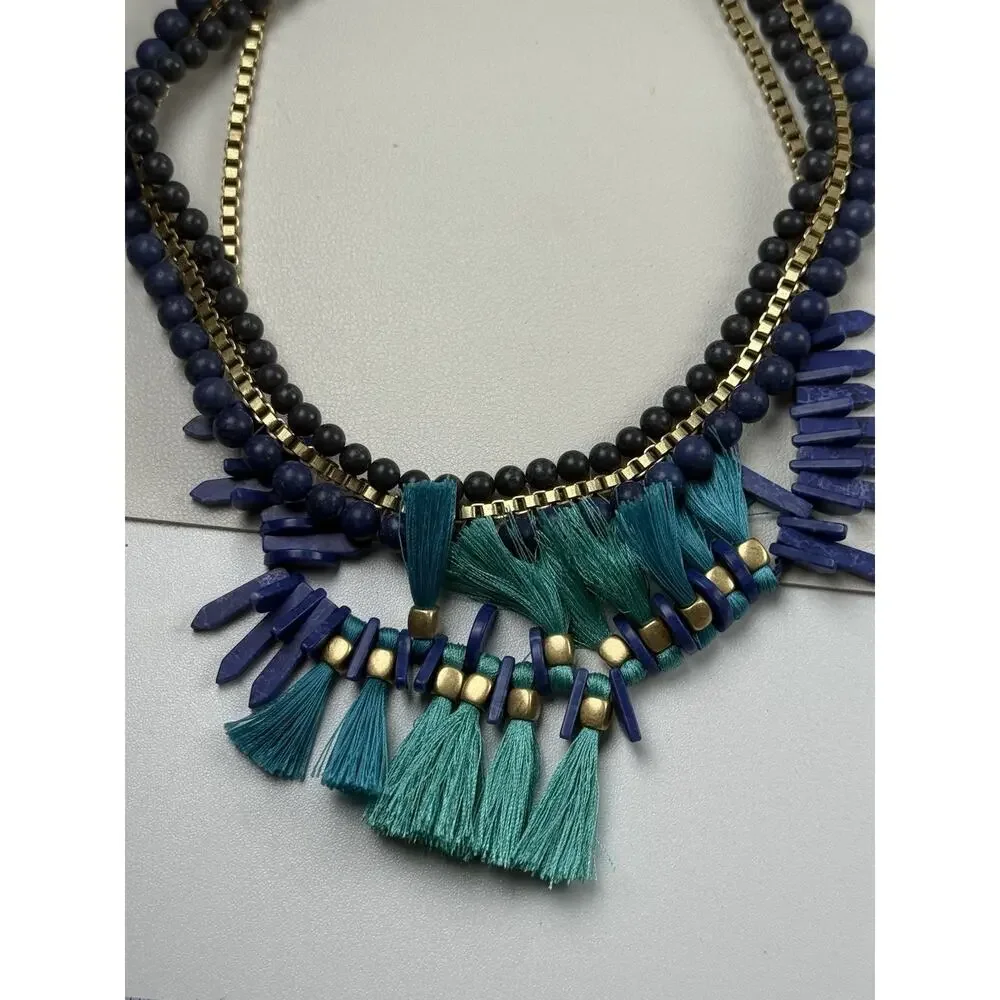 Stella & Dot Tresse Statement Necklace Faux Lapis Faux Turquoise Blue Fringe 16